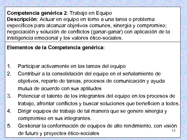 Competencia genérica 2: Trabajo en Equipo Descripción: Actuar en equipo en torno a una