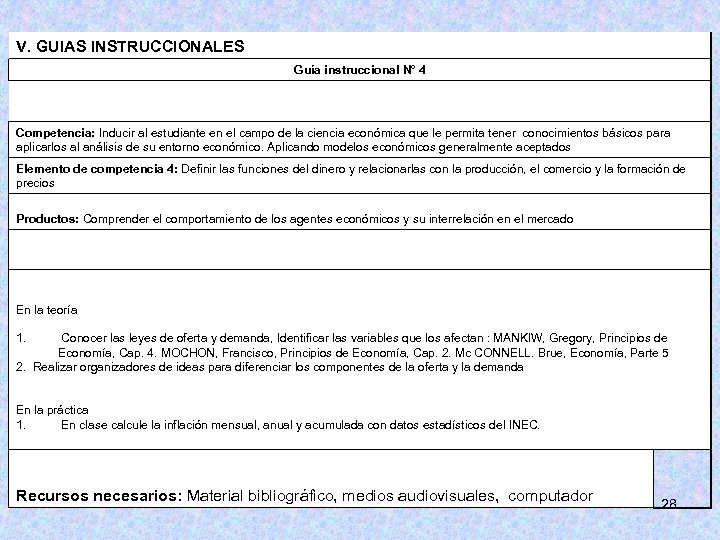 V. GUIAS INSTRUCCIONALES Guía instruccional N° 4 Competencia: Inducir al estudiante en el campo