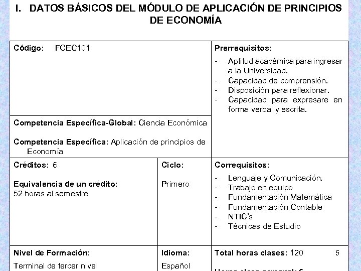 I. DATOS BÁSICOS DEL MÓDULO DE APLICACIÓN DE PRINCIPIOS DE ECONOMÍA Código: FCEC 101