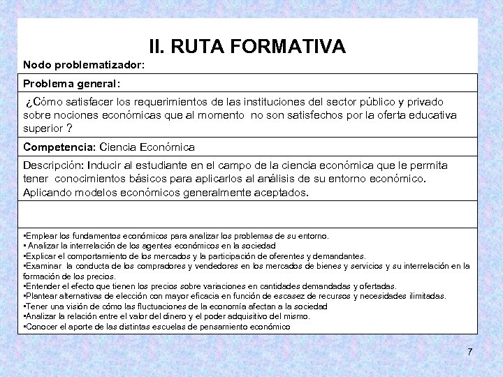 II. RUTA FORMATIVA Nodo problematizador: Problema general: ¿Cómo satisfacer los requerimientos de las instituciones
