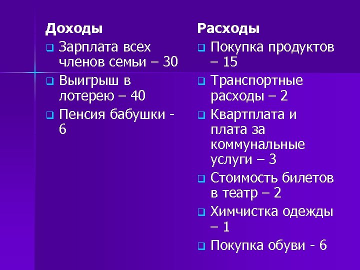 Доходы q Зарплата всех членов семьи – 30 q Выигрыш в лотерею – 40