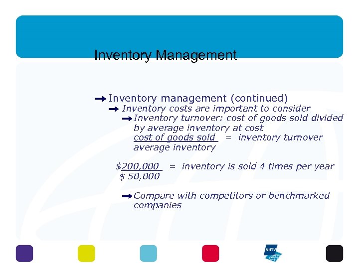 Inventory Management Inventory management (continued) Inventory costs are important to consider Inventory turnover: cost