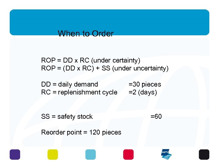 When to Order ROP = DD x RC (under certainty) ROP = (DD x