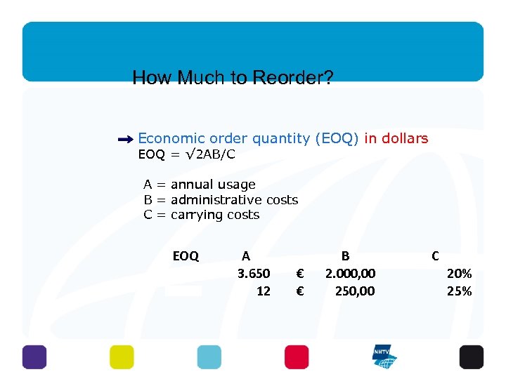 How Much to Reorder? Economic order quantity (EOQ) in dollars EOQ = √ 2