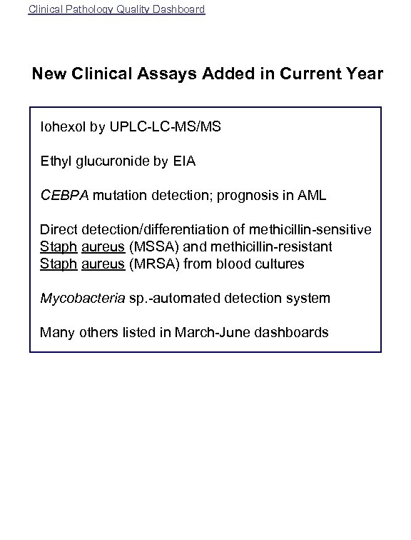 Clinical Pathology Quality Dashboard New Clinical Assays Added in Current Year Iohexol by UPLC-LC-MS/MS