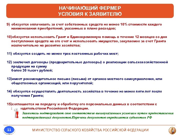 НАЧИНАЮЩИЙ ФЕРМЕР УСЛОВИЯ К ЗАЯВИТЕЛЮ 9) обязуется оплачивать за счет собственных средств не менее