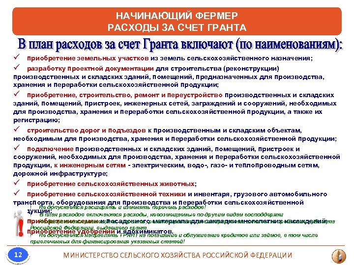 НАЧИНАЮЩИЙ ФЕРМЕР РАСХОДЫ ЗА СЧЕТ ГРАНТА ü приобретение земельных участков из земель сельскохозяйственного назначения;
