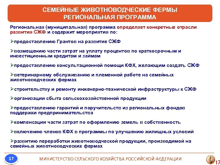 СЕМЕЙНЫЕ ЖИВОТНОВОДЧЕСКИЕ ФЕРМЫ РЕГИОНАЛЬНАЯ ПРОГРАММА Региональная (муниципальная) программа определяет конкретные отрасли развития СЖФ и