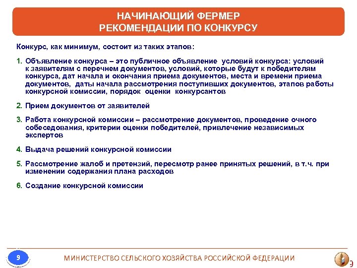 НАЧИНАЮЩИЙ ФЕРМЕР РЕКОМЕНДАЦИИ ПО КОНКУРСУ Конкурс, как минимум, состоит из таких этапов: 1. Объявление