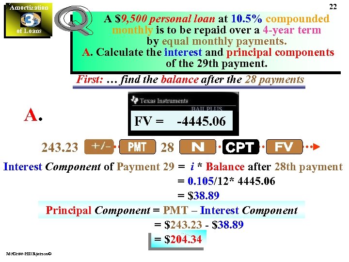 22 Amortization 3 of Loans A $9, 500 personal loan at 10. 5% compounded