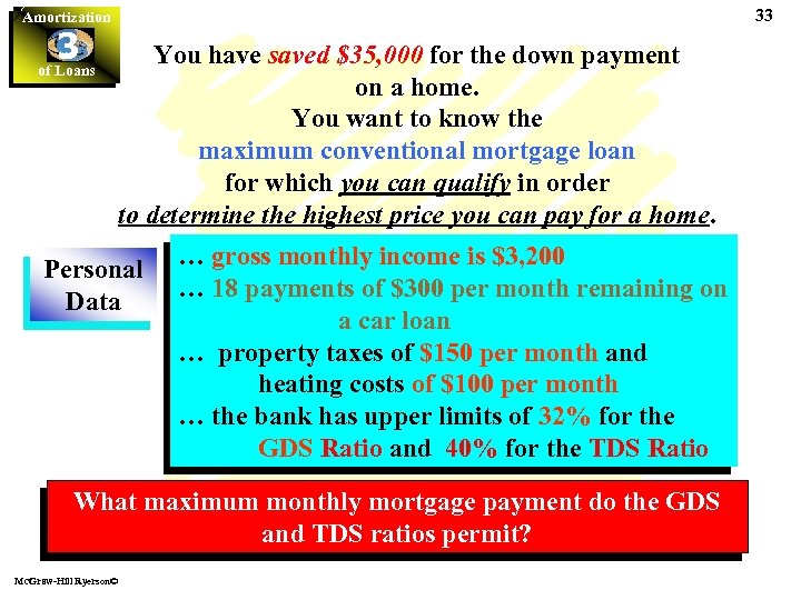 33 Amortization 3 of Loans You have saved $35, 000 for the down payment