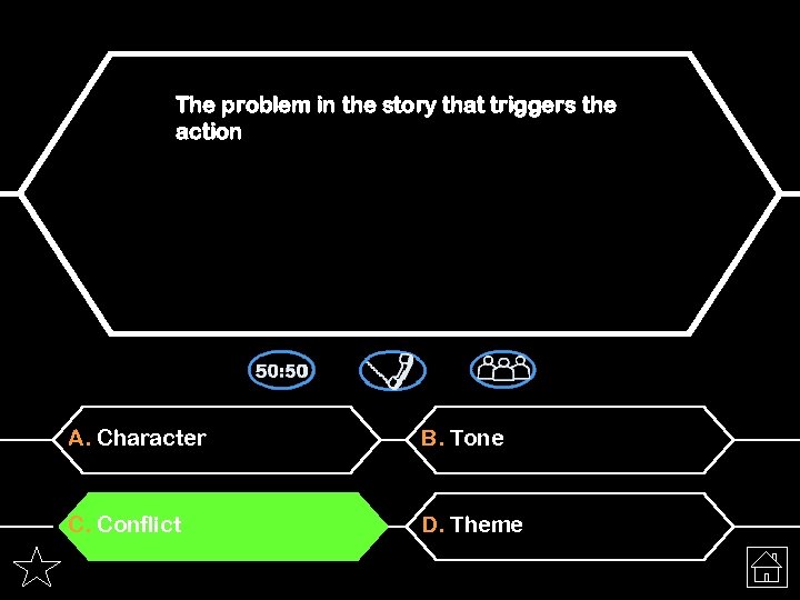 The problem in the story that triggers the action A. Character B. Tone C.