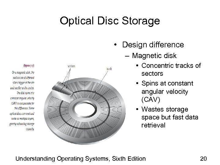 Optical Disc Storage • Design difference – Magnetic disk • Concentric tracks of sectors