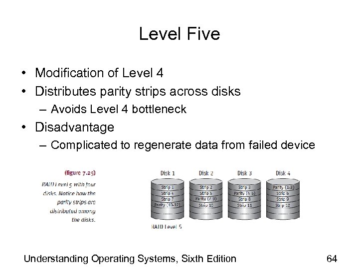 Level Five • Modification of Level 4 • Distributes parity strips across disks –