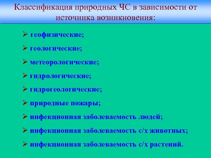 Классификация природных ЧС в зависимости от источника возникновения: Ø геофизические; Ø геологические; Ø метеорологические;