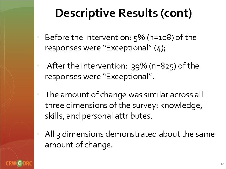 Descriptive Results (cont) • Before the intervention: 5% (n=108) of the responses were “Exceptional”