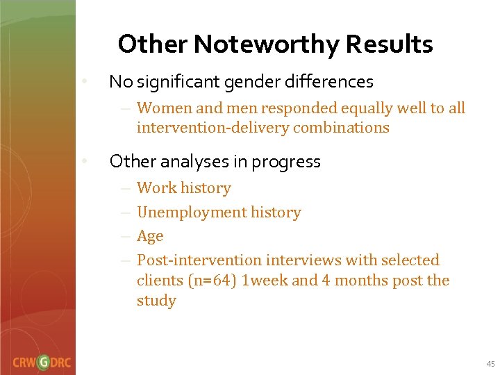 Other Noteworthy Results • No significant gender differences – Women and men responded equally