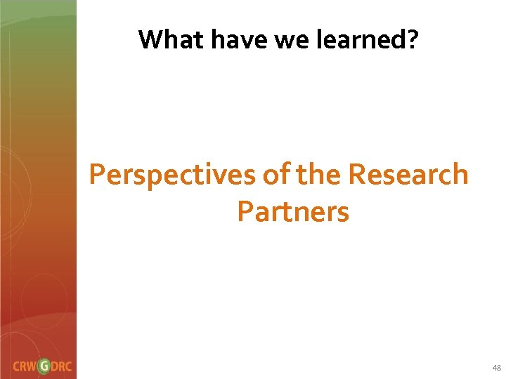 What have we learned? Perspectives of the Research Partners 48 