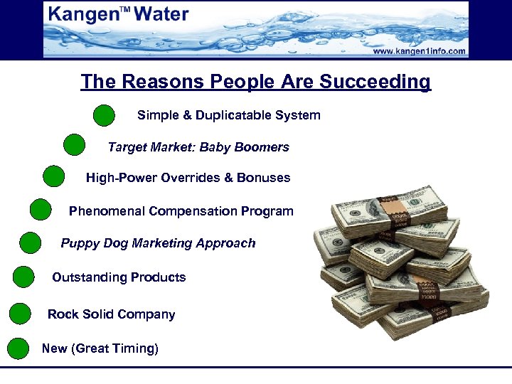 The Reasons People Are Succeeding Simple & Duplicatable System Target Market: Baby Boomers High-Power