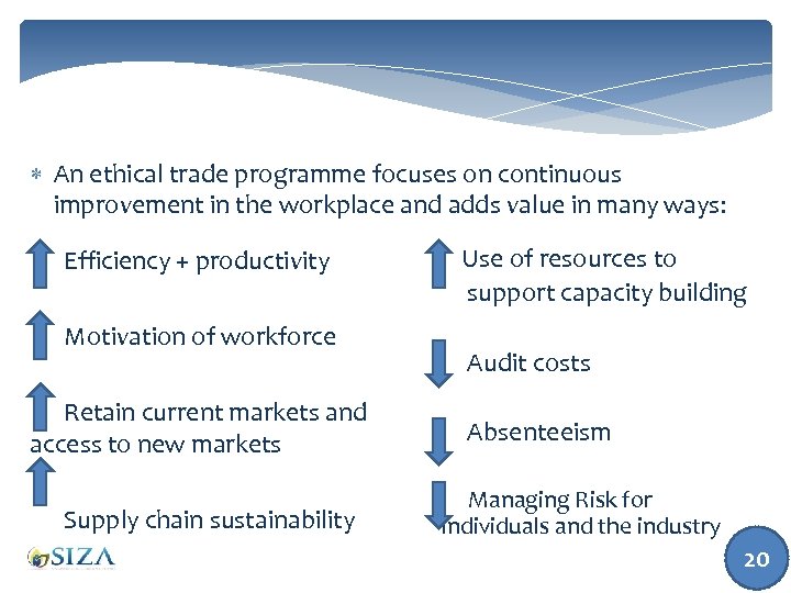  An ethical trade programme focuses on continuous improvement in the workplace and adds
