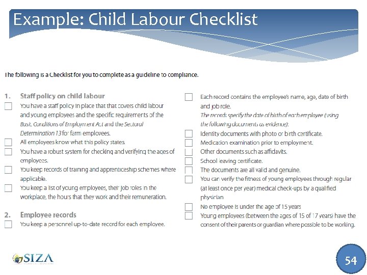 Example: Child Labour Checklist 54 