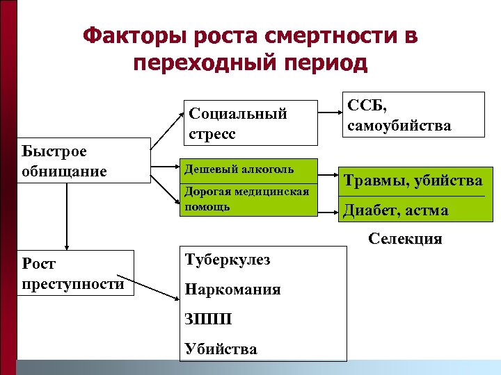 Факторы роста смертности в переходный период Быстрое обнищание Социальный стресс Дешевый алкоголь Дорогая медицинская