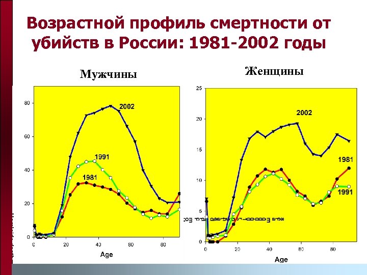Возрастной профиль смертности от убийств в России: 1981 -2002 годы Мужчины Женщины 
