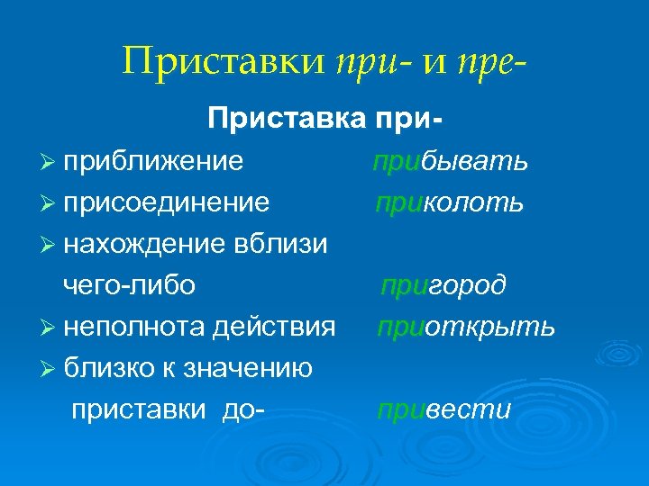 Приставки при- и пре. Приставка приØ приближение прибывать Ø присоединение приколоть Ø нахождение вблизи
