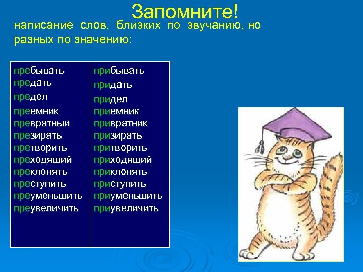 Запомните! написание слов, близких по звучанию, но разных по значению: пребывать предел преемник превратный