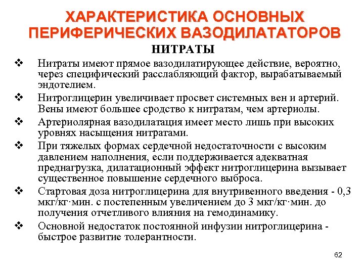 ХАРАКТЕРИСТИКА ОСНОВНЫХ ПЕРИФЕРИЧЕСКИХ ВАЗОДИЛАТАТОРОВ НИТРАТЫ v v v Нитраты имеют прямое вазодилатирующее действие, вероятно,