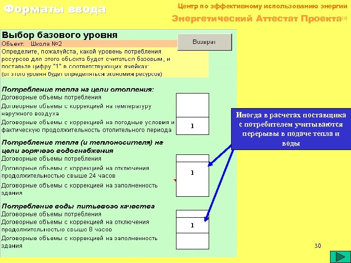 Форматы ввода Центр по эффективному использованию энергии Энергетический Аттестат Проекта(c) 1 Иногда в расчетах