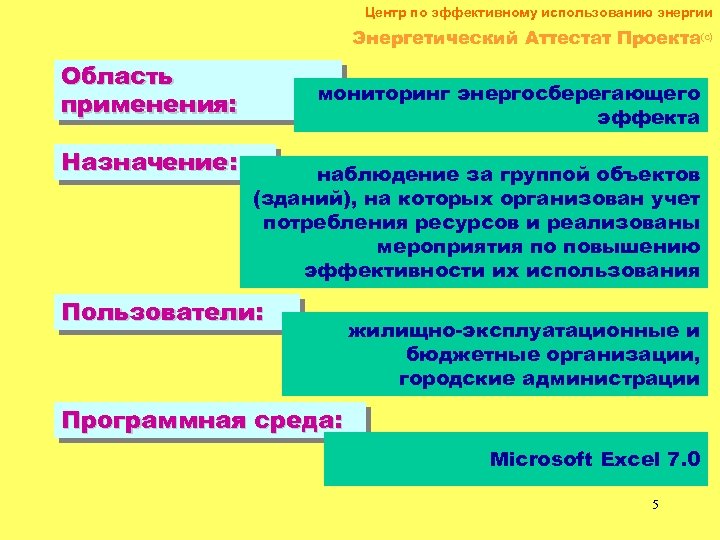 Центр по эффективному использованию энергии Энергетический Аттестат Проекта(c) Область применения: Назначение: мониторинг энергосберегающего эффекта