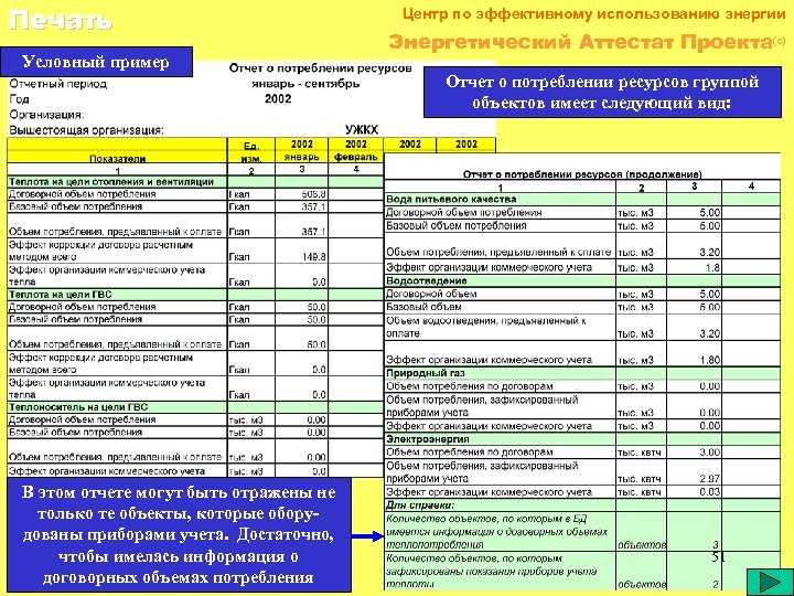 Печать Условный пример Центр по эффективному использованию энергии Энергетический Аттестат Проекта(c) Отчет о потреблении