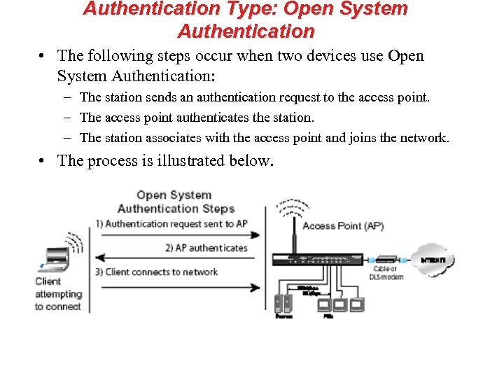Authentication Type: Open System Authentication • The following steps occur when two devices use