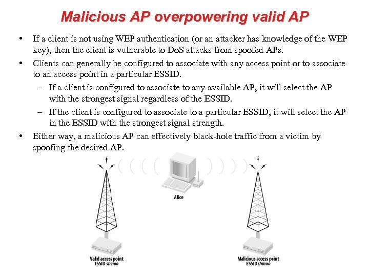 Malicious AP overpowering valid AP • • • If a client is not using