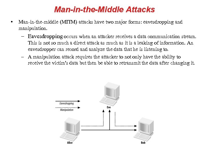 Man-in-the-Middle Attacks • Man-in-the-middle (MITM) attacks have two major forms: eavesdropping and manipulation. –