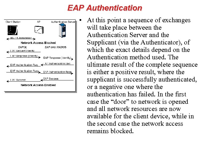 EAP Authentication • At this point a sequence of exchanges will take place between