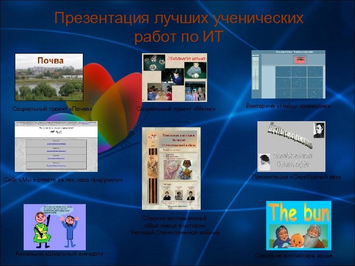 Презентация лучших ученических работ по ИТ Социальный проект «Почва» Социальный проект «Меню» Викторина «Найди