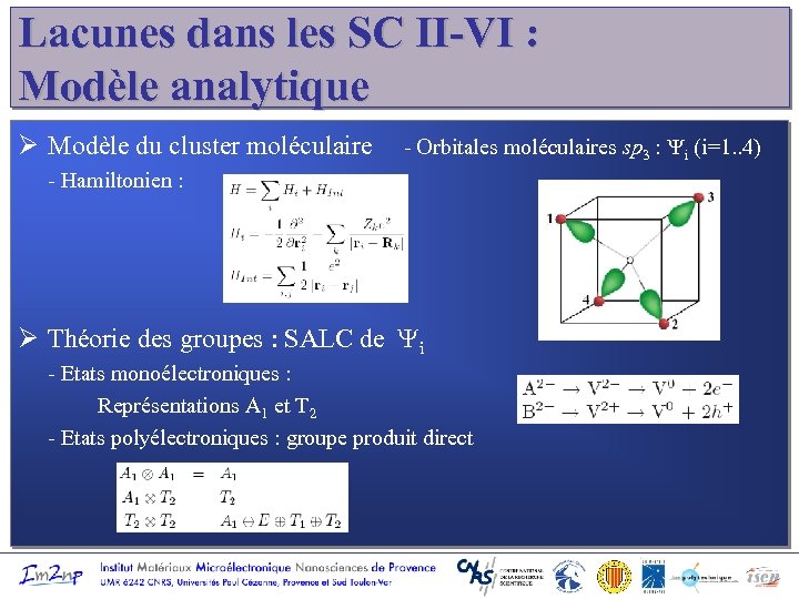 Lacunes dans les SC II-VI : Modèle analytique Ø Modèle du cluster moléculaire -