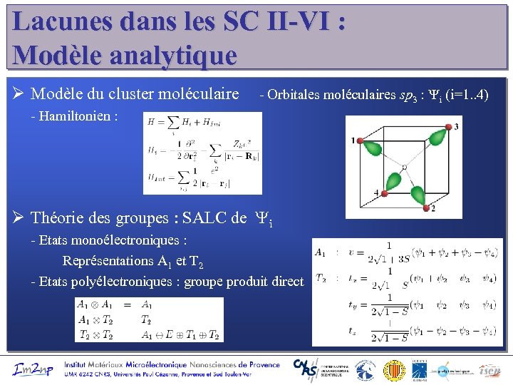 Lacunes dans les SC II-VI : Modèle analytique Ø Modèle du cluster moléculaire -