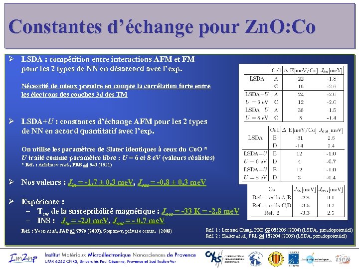 Constantes d’échange pour Zn. O: Co Ø LSDA : compétition entre interactions AFM et