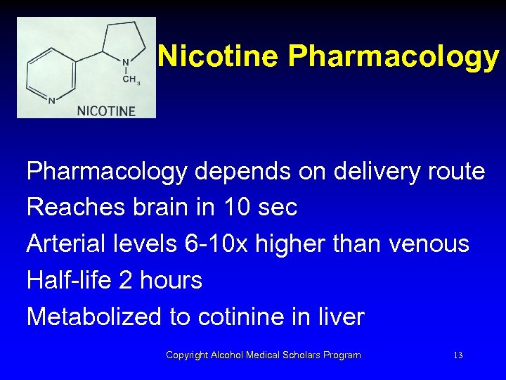 Nicotine Pharmacology depends on delivery route Reaches brain in 10 sec Arterial levels 6