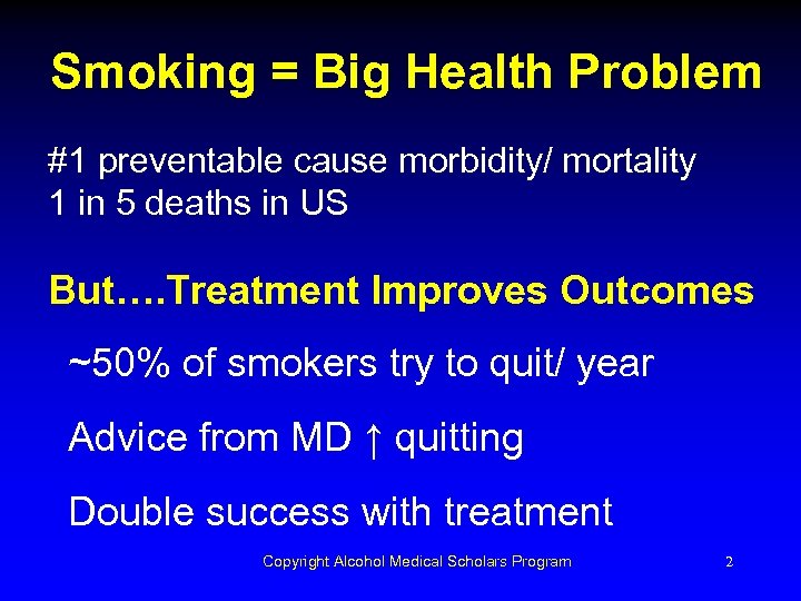 Smoking = Big Health Problem #1 preventable cause morbidity/ mortality 1 in 5 deaths