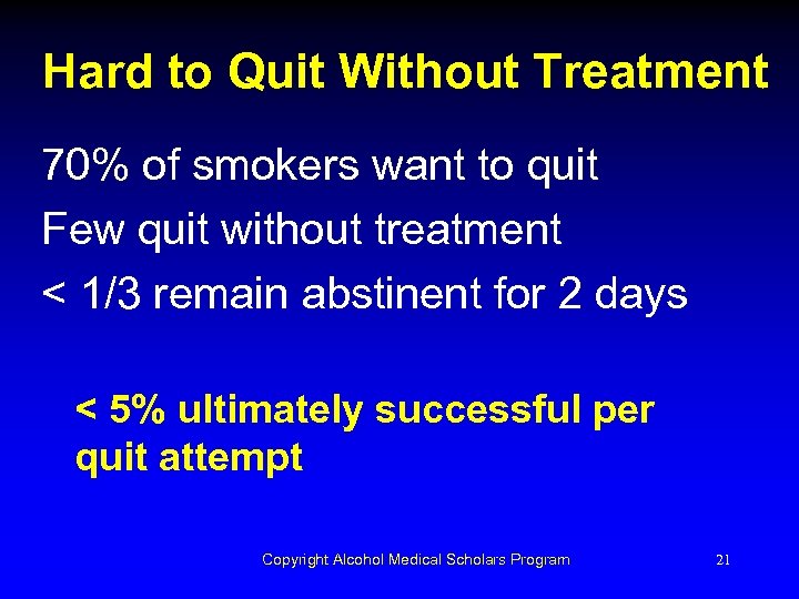 Hard to Quit Without Treatment 70% of smokers want to quit Few quit without