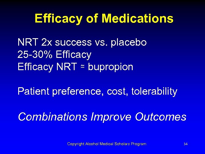 Efficacy of Medications NRT 2 x success vs. placebo 25 -30% Efficacy NRT ≃