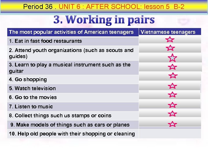 Period 36. UNIT 6 : AFTER SCHOOL: lesson 5 B 2 3. Working in