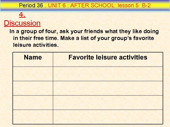 Period 36. UNIT 6 : AFTER SCHOOL: lesson 5 B 2 4. Discussion In