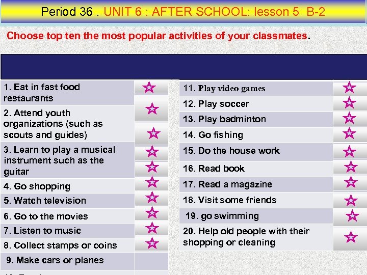Period 36. UNIT 6 : AFTER SCHOOL: lesson 5 B 2 Choose top ten