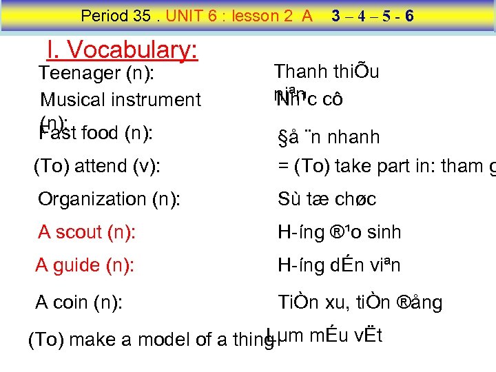 Period 35. UNIT 6 : lesson 2 A I. Vocabulary: Teenager (n): Musical instrument