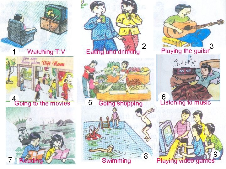 1 Watching T. V 4 Going to the movies 7 Reading Eating and drinking